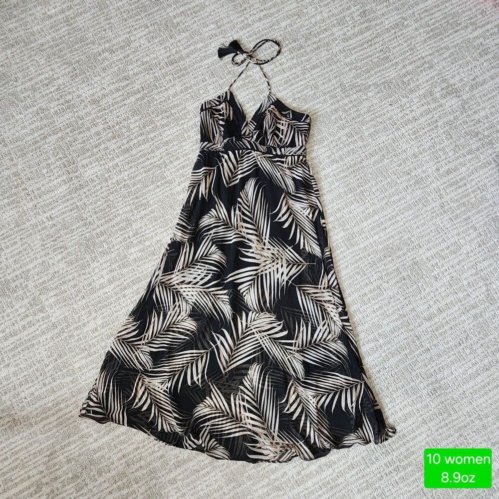 White House Black Market halter chiffon flowy palm leaf maxi dress size 10